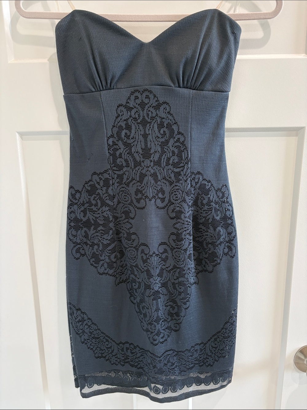 Mystic Blue Strapless Lace-Pattern Sheath Dress